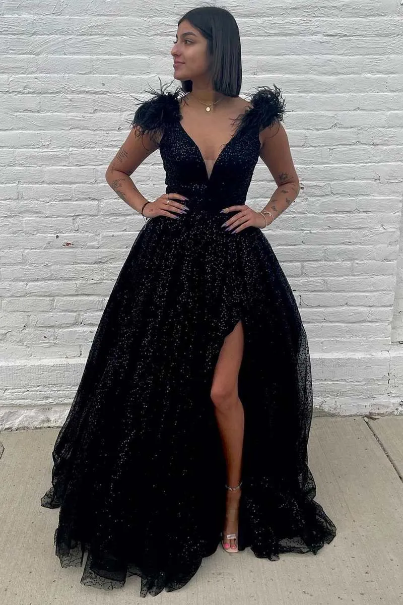 V Neck Black Prom Dress Sequins Feather Cheap Evening Dresses With Slit #QWE014