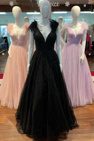 V Neck Black Prom Dress Sequins Feather Cheap Evening Dresses With Slit #QWE014