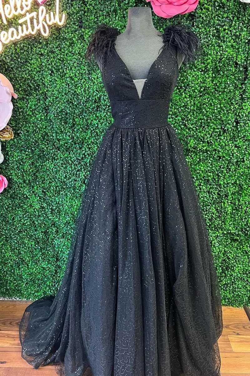 V Neck Black Prom Dress Sequins Feather Cheap Evening Dresses With Slit #QWE014