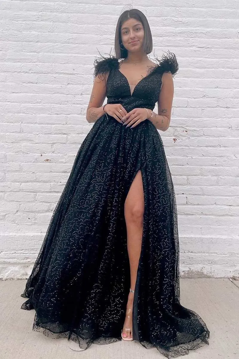 V Neck Black Prom Dress Sequins Feather Cheap Evening Dresses With Slit #QWE014
