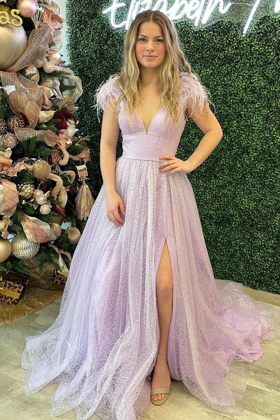 V Neck Black Prom Dress Sequins Feather Cheap Evening Dresses With Slit #QWE014