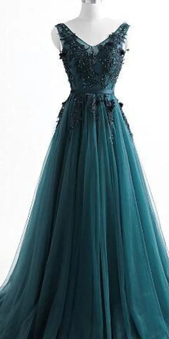 V Neck Dark Green Cheap Long Evening Prom Dresses, Sweet 16 Prom Dresses, 12378