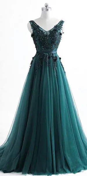 V Neck Dark Green Cheap Long Evening Prom Dresses, Sweet 16 Prom Dresses, 12378