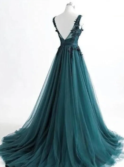 V Neck Dark Green Cheap Long Evening Prom Dresses, Sweet 16 Prom Dresses, 12378